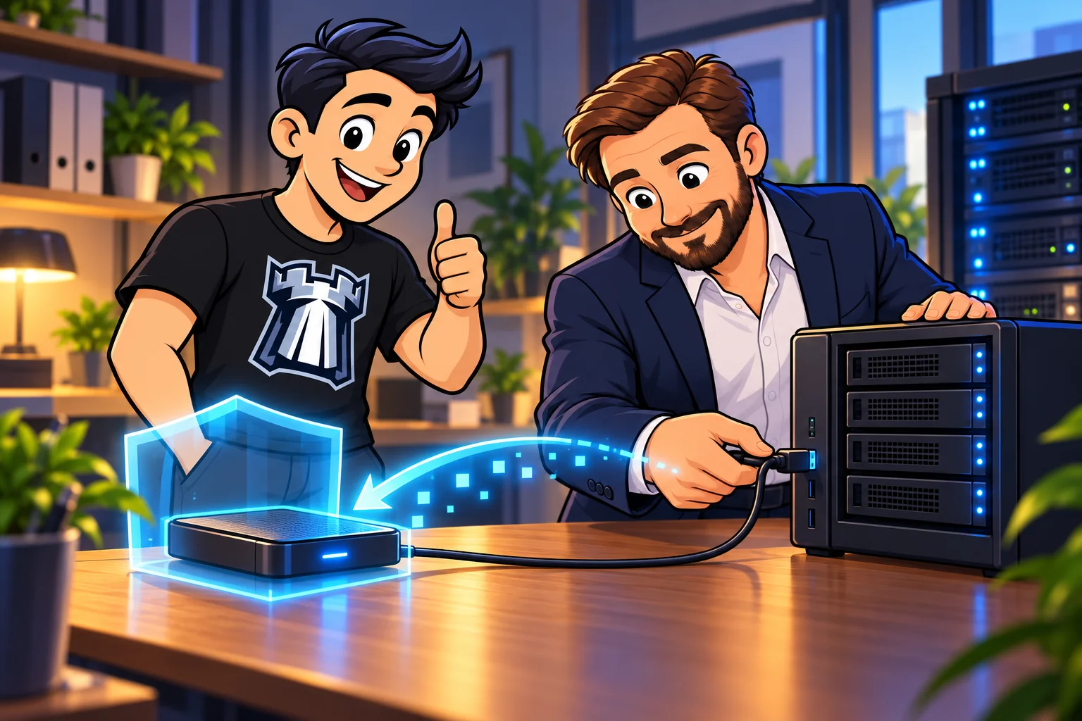 Маскот Light Defender и предприниматель создают отдельную резервную копию данных сервера