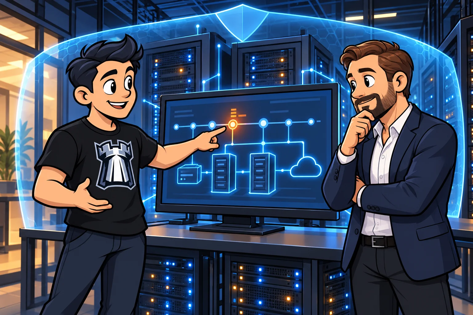 Маскот Light Defender и владелец бизнеса следят за безопасностью серверной инфраструктуры