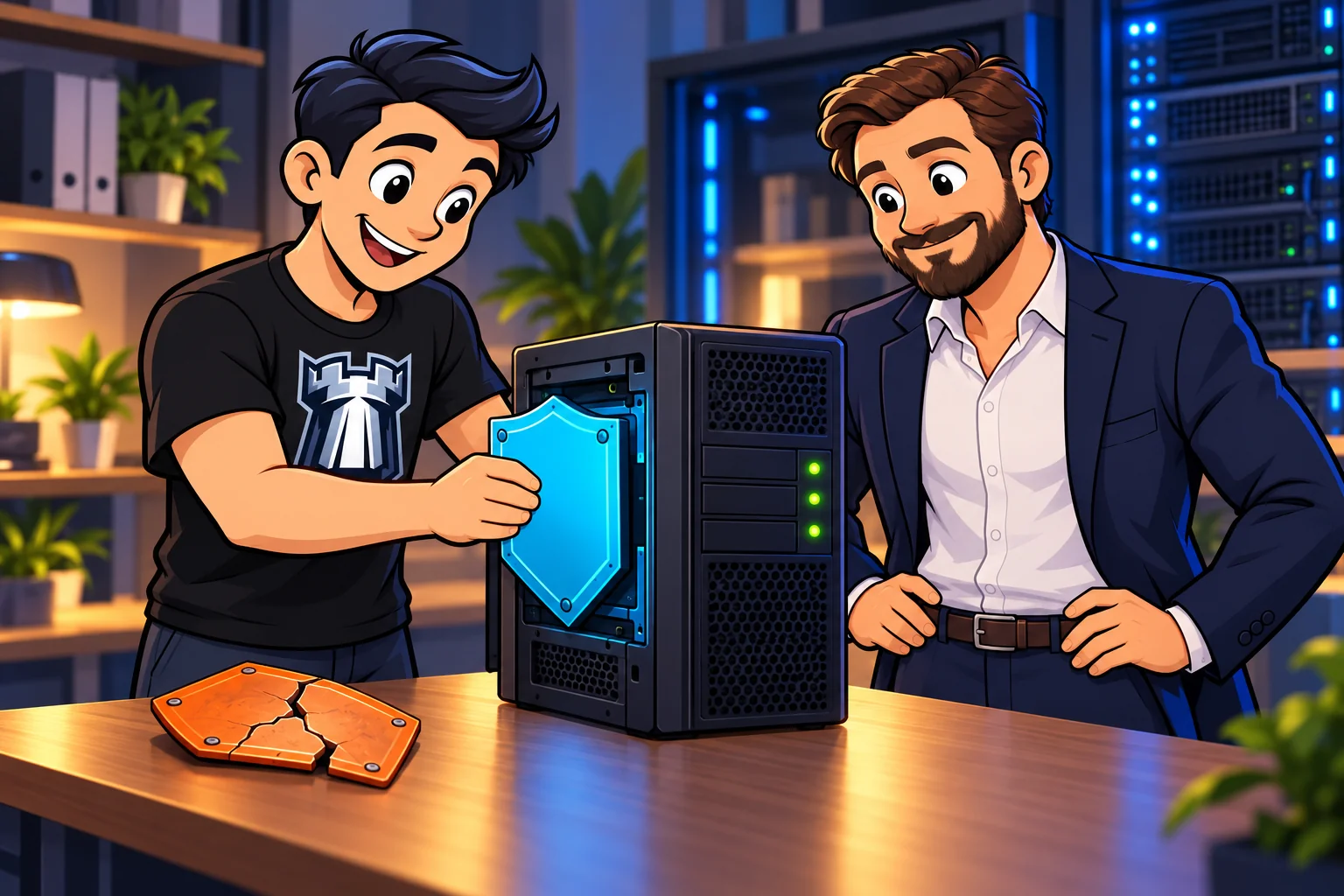Маскот Light Defender и владелец бизнеса устраняют уязвимости и проверяют защиту сервера